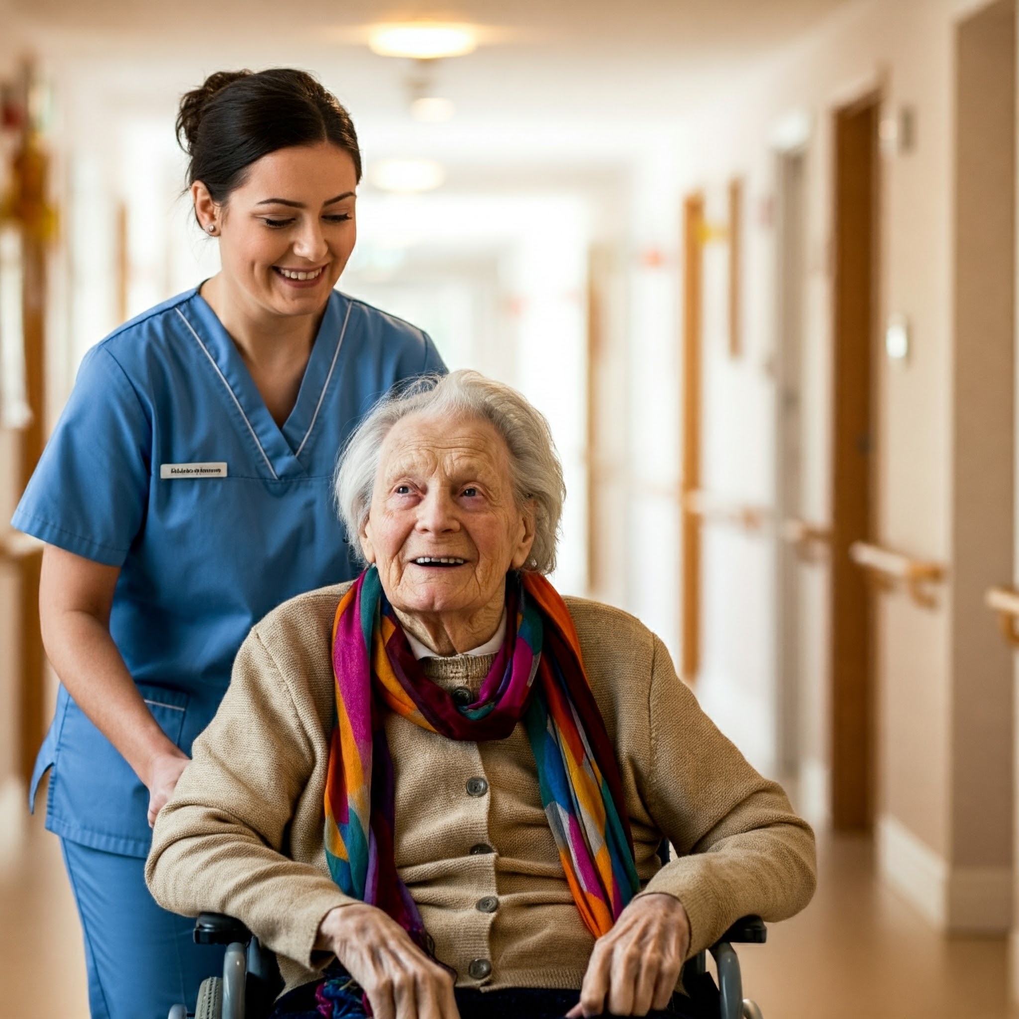 A resident and carer in the hallway