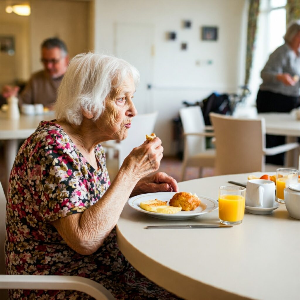 A resident enjoying continental breakfast