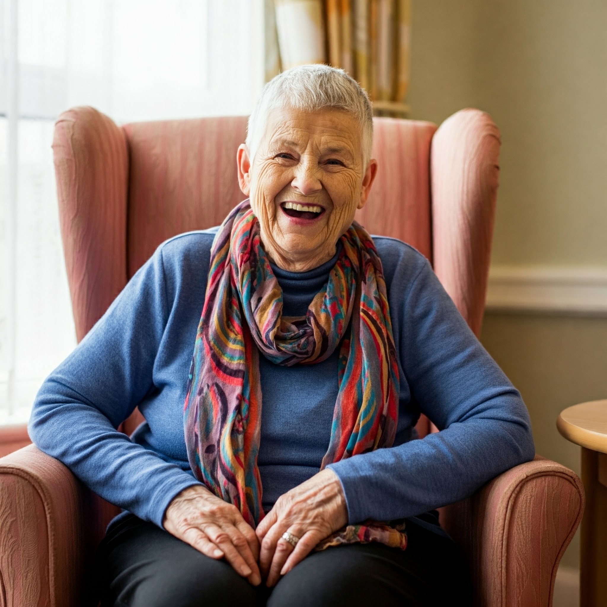 A resident sitting on an armchair