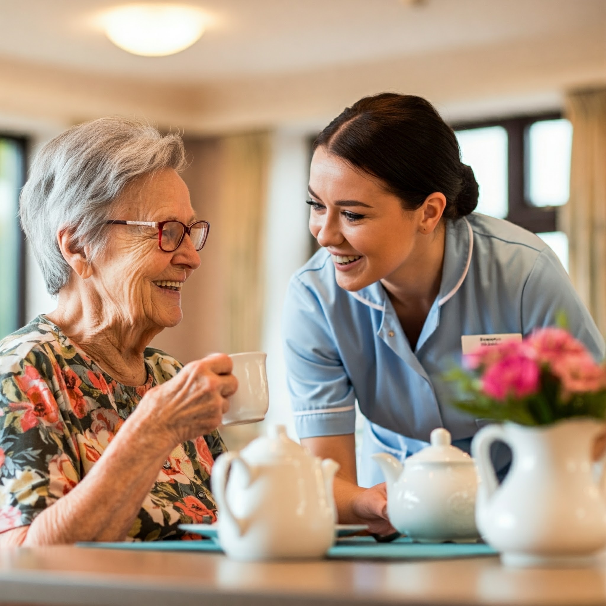 A resident and carer having breakfast