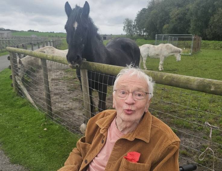 older man in a wheelchair with a horse behind him